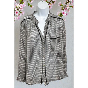 Max Edition Black White Button Front Blouse Sz Medium Semi Sheer Long-Sleeve Top